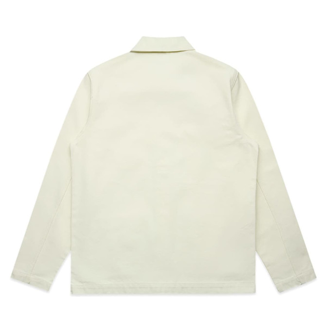 A light-coloured canvas chore jacket featuring long sleeves and a classic collar, with a logo on the back.
