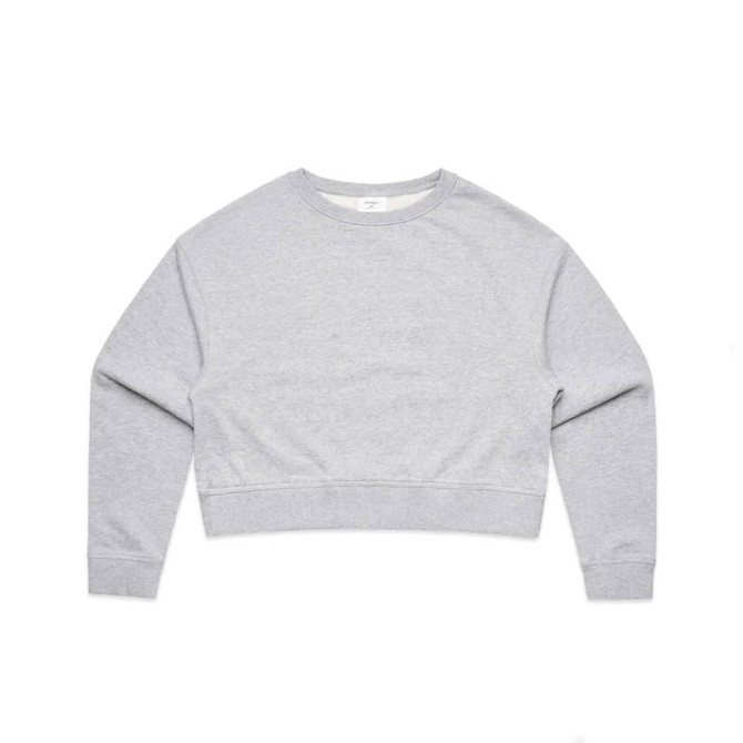 A grey cropped crew jumper with long sleeves and a ribbed hem. It features a branding logo.