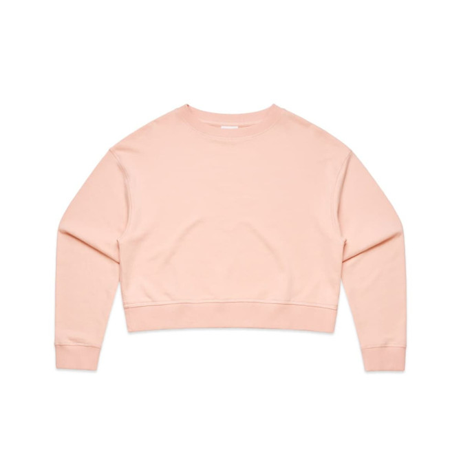 A light pink cropped jumper with long sleeves and a simple design. It features a logo on the garment.