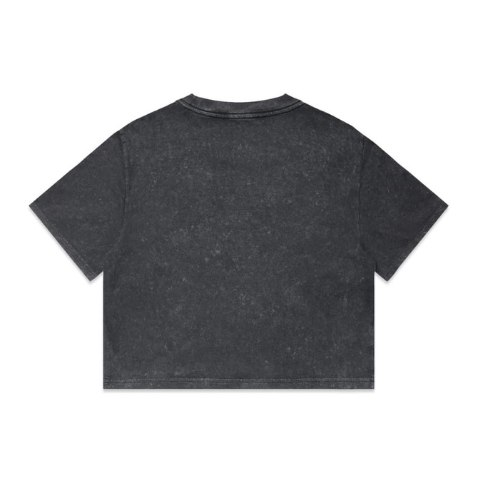 A dark stone wash heavy crop tee with short sleeves and a casual fit, featuring a branding logo.
