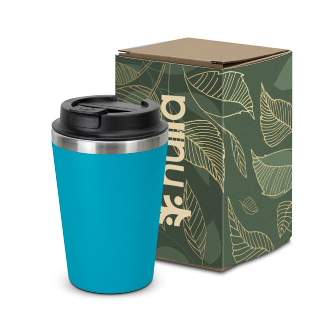 A drink bottle in vibrant blue, stainless steel rim, alongside a patterned packaging box.