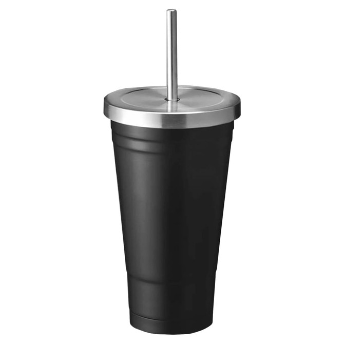 A drink bottle featuring a sleek black design with a stainless steel lid and straw. It has a logo on the surface.