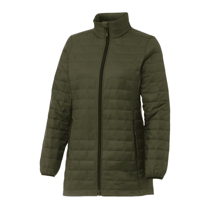 Lightweight, insulated puffer jacket in an olive green colour with a zippered front and a high collar. Features side pockets.