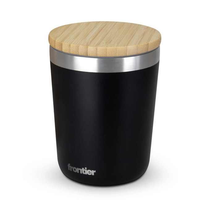 A drink bottle with a matte black body and a bamboo lid, featuring a logo on the side.