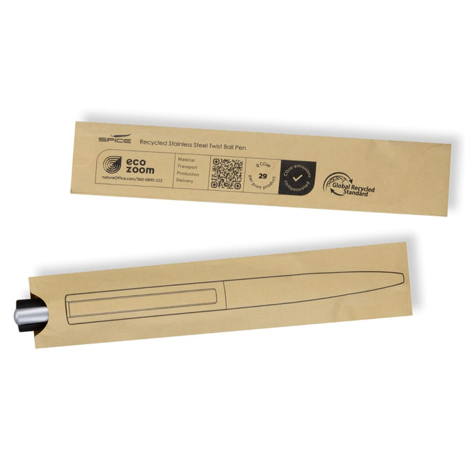 A metal pen featuring a sleek design, presented in eco-friendly packaging with a logo. The pen is silver in colour.