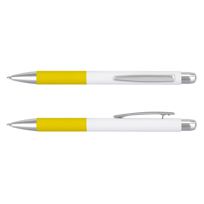 A yellow and white metal pen with silver accents, featuring a sleek design and a clip.