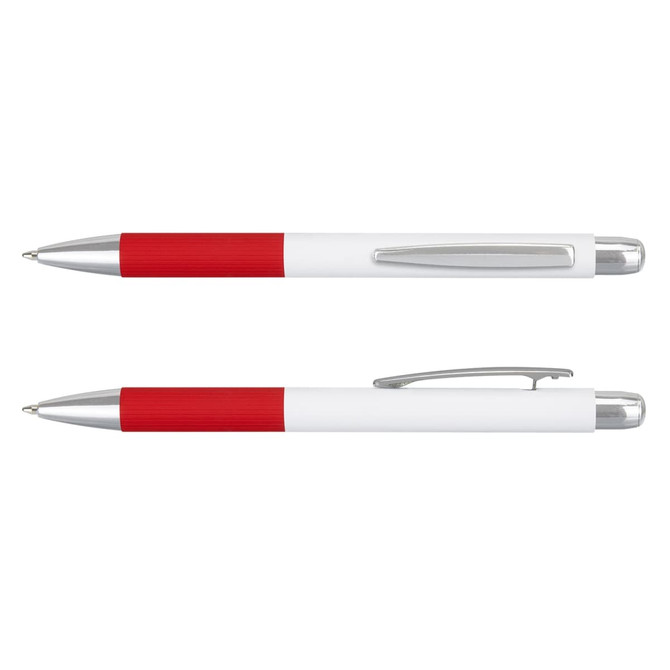 A metal pen with a white body and red grip, featuring a silver clip and accents. Includes branding.