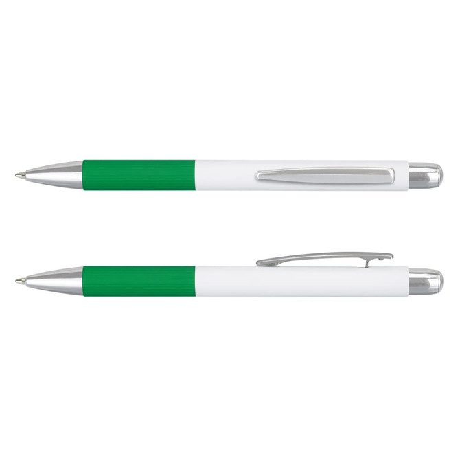 A green and white metal pen featuring a textured grip and a clip, showcasing both closed and open positions.