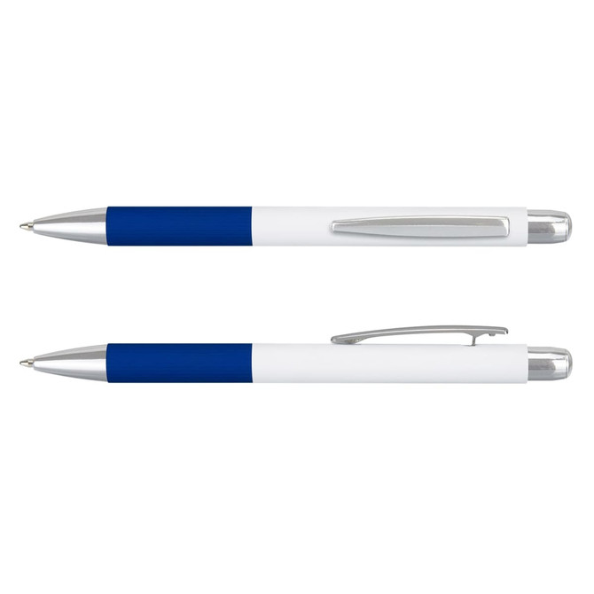 A metal pen with a blue grip and silver accents, featuring a logo on the barrel, presented from two angles.