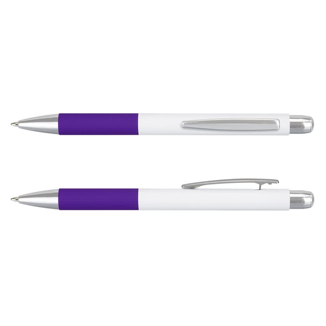 A metal pen with a purple grip and a white barrel, featuring silver accents and a clip.