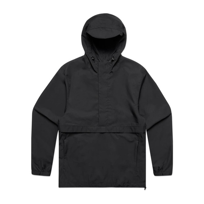 A black windbreaker jacket with a hood, featuring an adjustable neckline and a front pocket. It has a logo.
