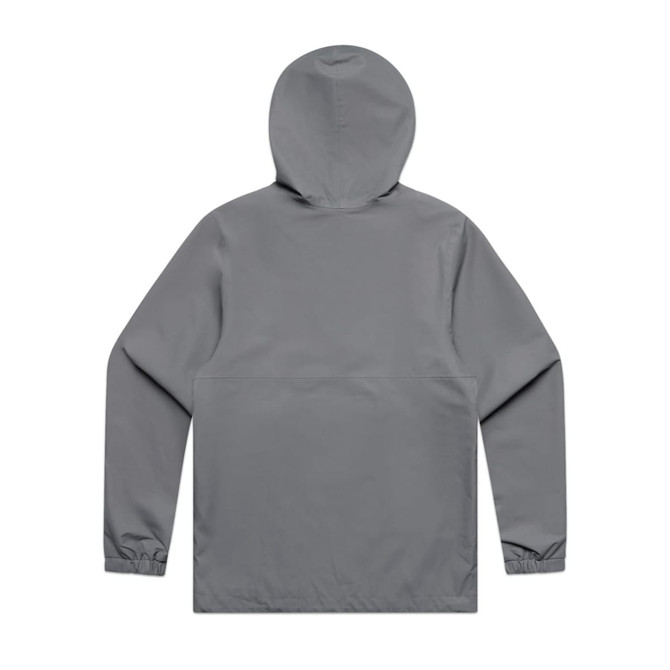 A grey windbreaker jacket featuring a hood, elastic cuffs, and a simple design. It includes a logo on the back.