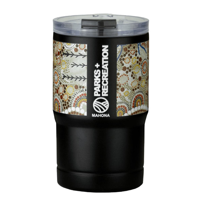 A drink bottle with a patterned design in shades of black, cream, and earthy tones, featuring a logo.