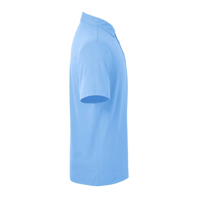 A men's polo shirt in light blue, featuring a collar and short sleeves, with a logo on the chest.