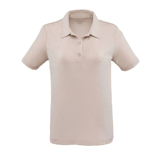 A light beige women's polo shirt with a classic collar and three-button placket, featuring a logo.