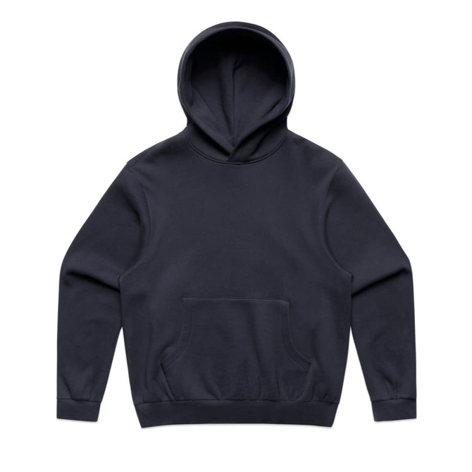 A navy blue hoodie with a front pocket and a large hood, featuring a logo.
