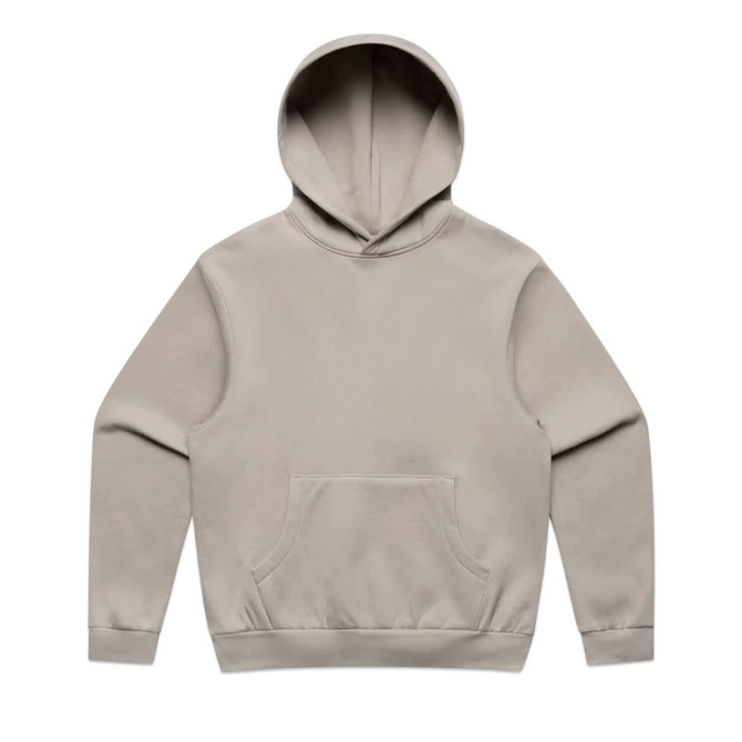 A beige hoodie featuring a front pocket and a drawstring hood. It has a simple design with a logo.
