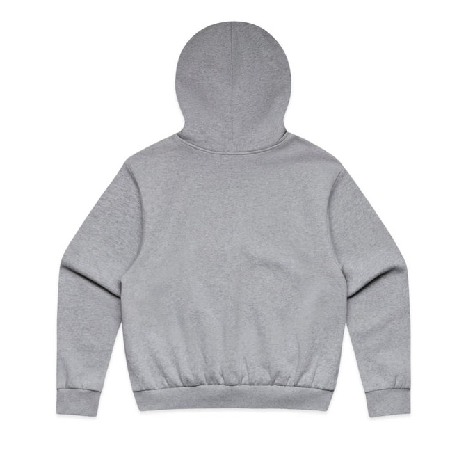 A grey jumper with a hood, featuring a ribbed hem and cuffs, viewed from the back.
