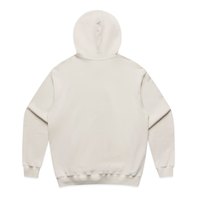 A beige hoodie with a hood and long sleeves, featuring a logo on the back.