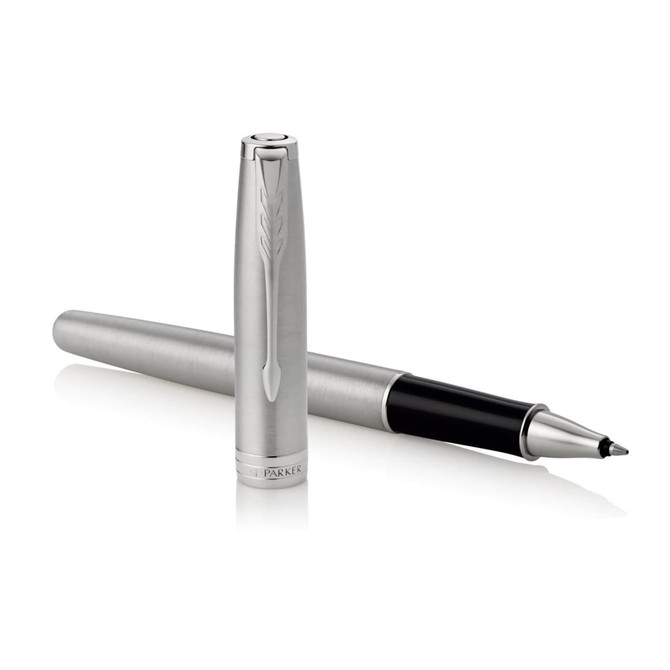 A brushed stainless steel rollerball pen from Parker, featuring a sleek design and a black writing tip.