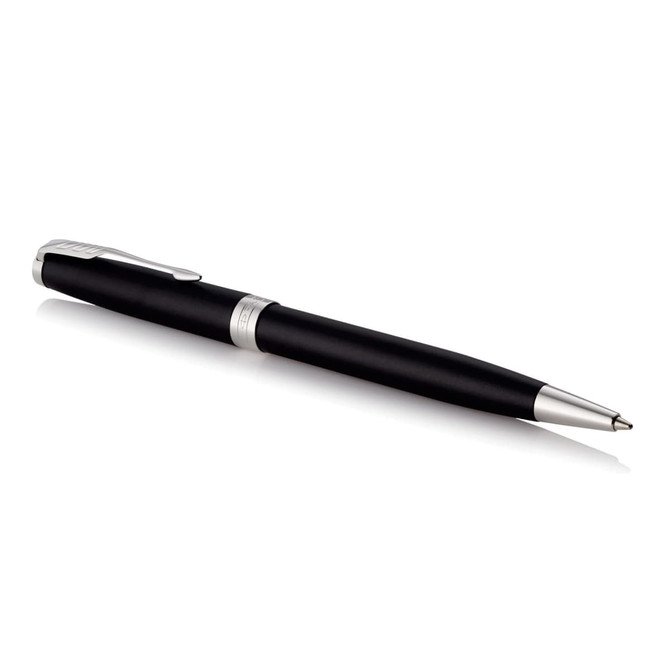 A metal ballpoint pen in matte black with silver accents and a clip, featuring a sleek design.