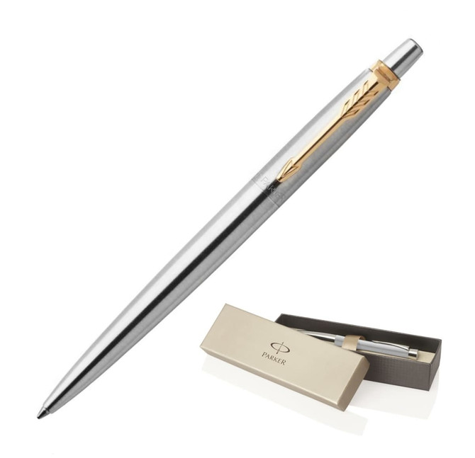 A metal ballpoint pen in brushed stainless steel with a gold clip, presented in a stylish box.