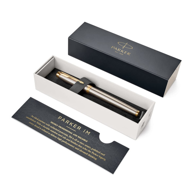 A brushed stainless steel rollerball pen in an elegant gift box, featuring gold accents and a brand logo.