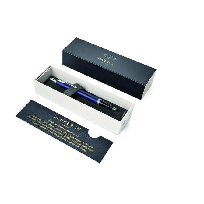 A blue matte ballpoint pen in a black and white box, featuring a logo and a card underneath.