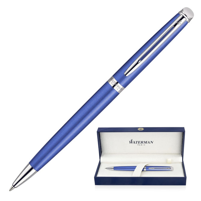 A metal ballpoint pen in bright blue, displayed alongside a blue box with a logo.