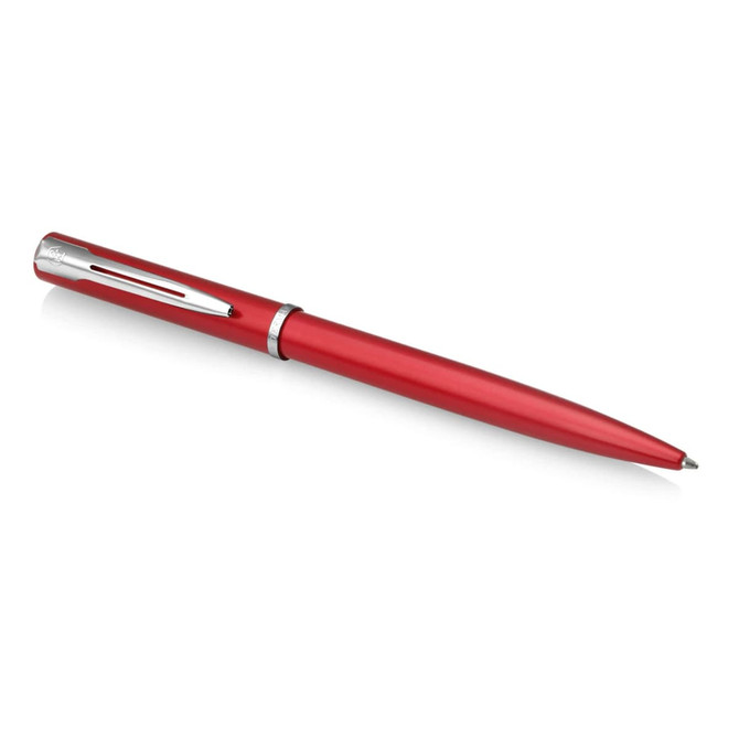 A red ballpoint pen with a sleek design and a silver clip. The pen features a logo on its body.