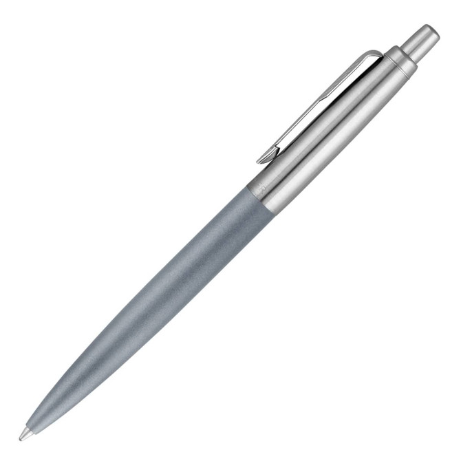 A ballpoint pen in matte grey with a silver clip and detailing, featuring a logo on the barrel.