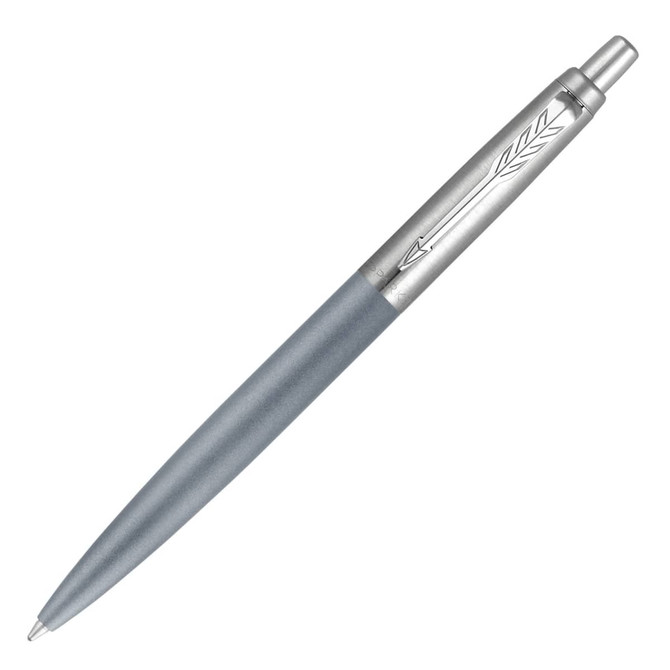 A metal ballpoint pen in matte grey with a silver detail and branding on the side.