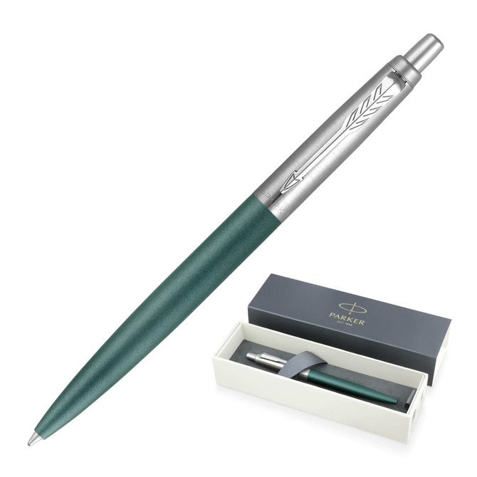 A metal ballpoint pen in matte green with a silver clip, presented in a stylish box featuring branding.