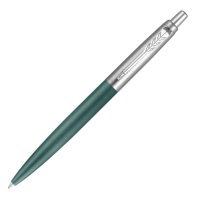 A ballpoint pen in matte green with a silver clip and engraved design. It features a logo on the clip.