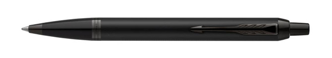 A ballpoint pen in achromatic matte black with a sleek design and a clip, featuring a logo.