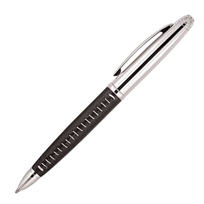 A metal ballpoint pen in silver and black with a stylish design and a clip for attachment.