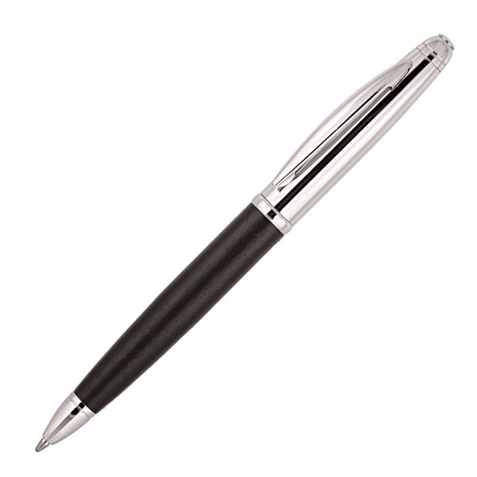 A metal ballpoint pen with a black grip and silver accents. The pen features a logo.