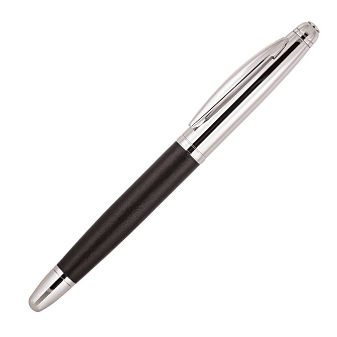 A metal rollerball pen with a black grip and silver accents. It features a branding logo.