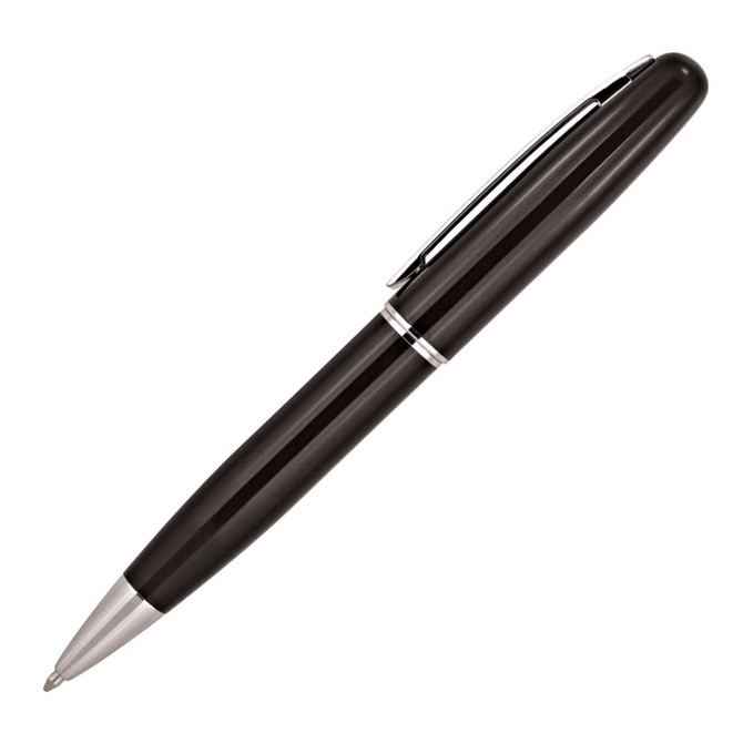 A metal ballpoint pen in black with a silver clip and trim, featuring a branded logo.