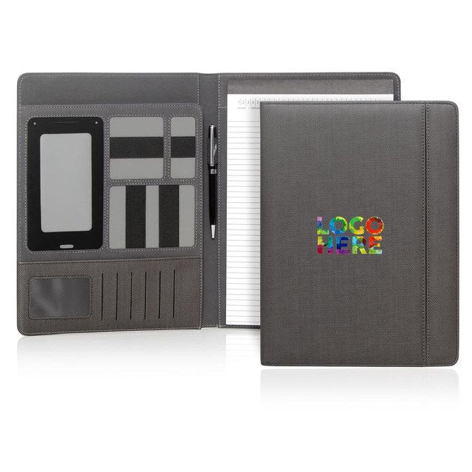 A grey executive folder featuring a notepad, pen, multiple pockets, and a logo on the front.