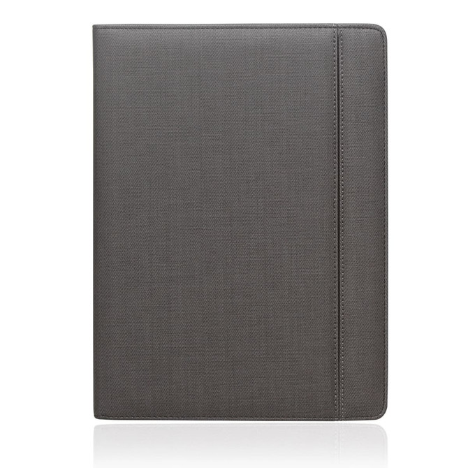 A grey A4 folder with a sleek, textured exterior and a subtle branding logo.