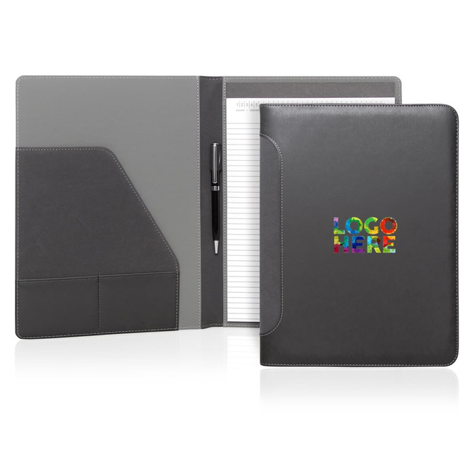 A black A4 executive folder with a grey interior, includes a notepad and a pen, featuring a logo on the front.