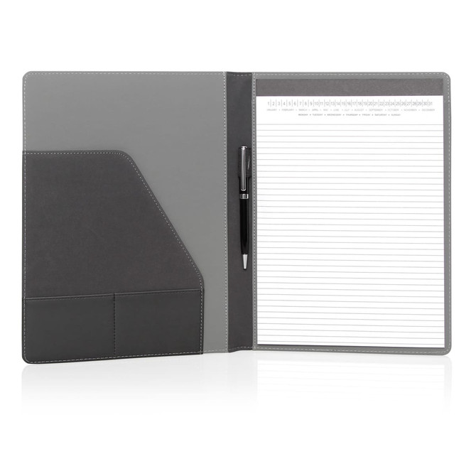 A grey executive folder with a notepad and a pen, featuring a pocket on the left side for documents.