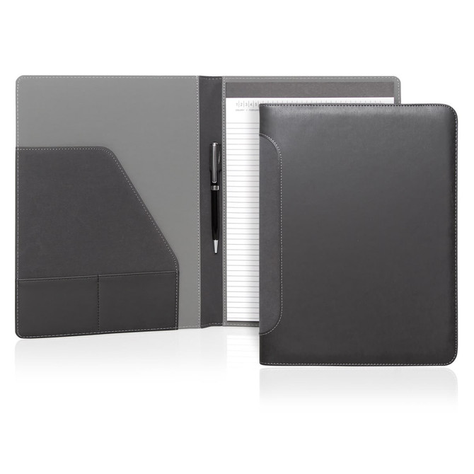 A black A4 executive folder with a pen, featuring pockets and a writing pad inside. It has a sleek design and a logo.