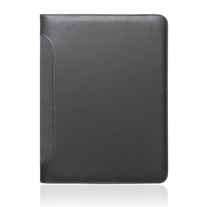 A black A4 executive folder with a sleek design and contrasting white stitching, featuring a logo.