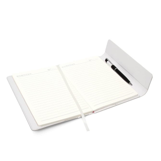 A leather-look A5 notebook journal with a magnetic closure, featuring lined pages and a pen. Includes a logo.