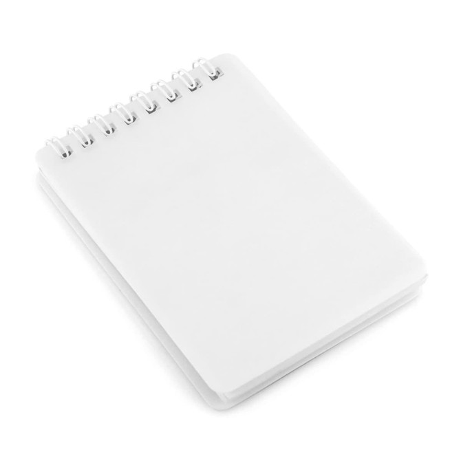 A spiral-bound A7 notepad in white with a smooth cover and blank pages.