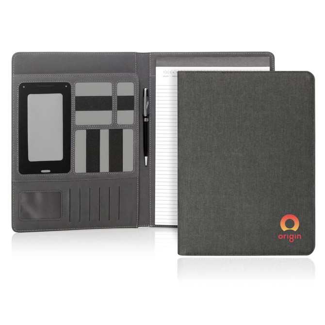 A grey executive tech compendium with document pockets, card slots, a pen, and a notepad. Features a logo.