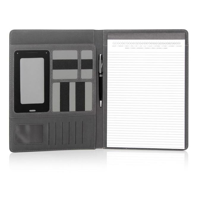 A black executive folder with card slots, a phone holder, a pen, and notepad. Includes a logo.