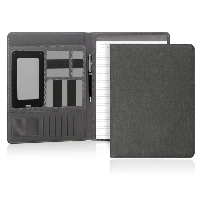 A grey executive tech folder with card slots, a phone pocket, and a lined notepad holder. It includes a pen.